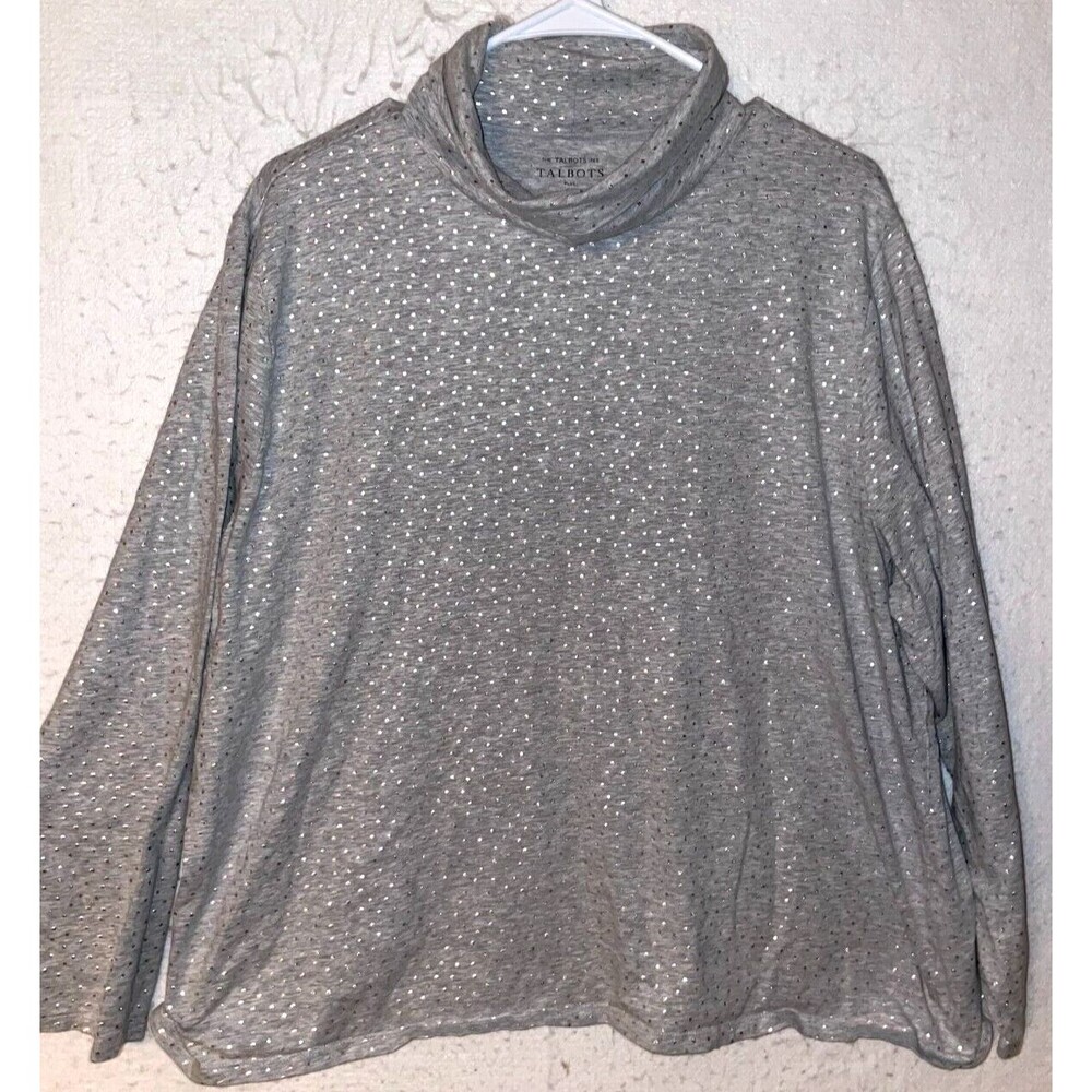 Talbots Tee Plus 3X Gray Silver Dot Bling Knit Turtleneck Long Sleeve Cotton